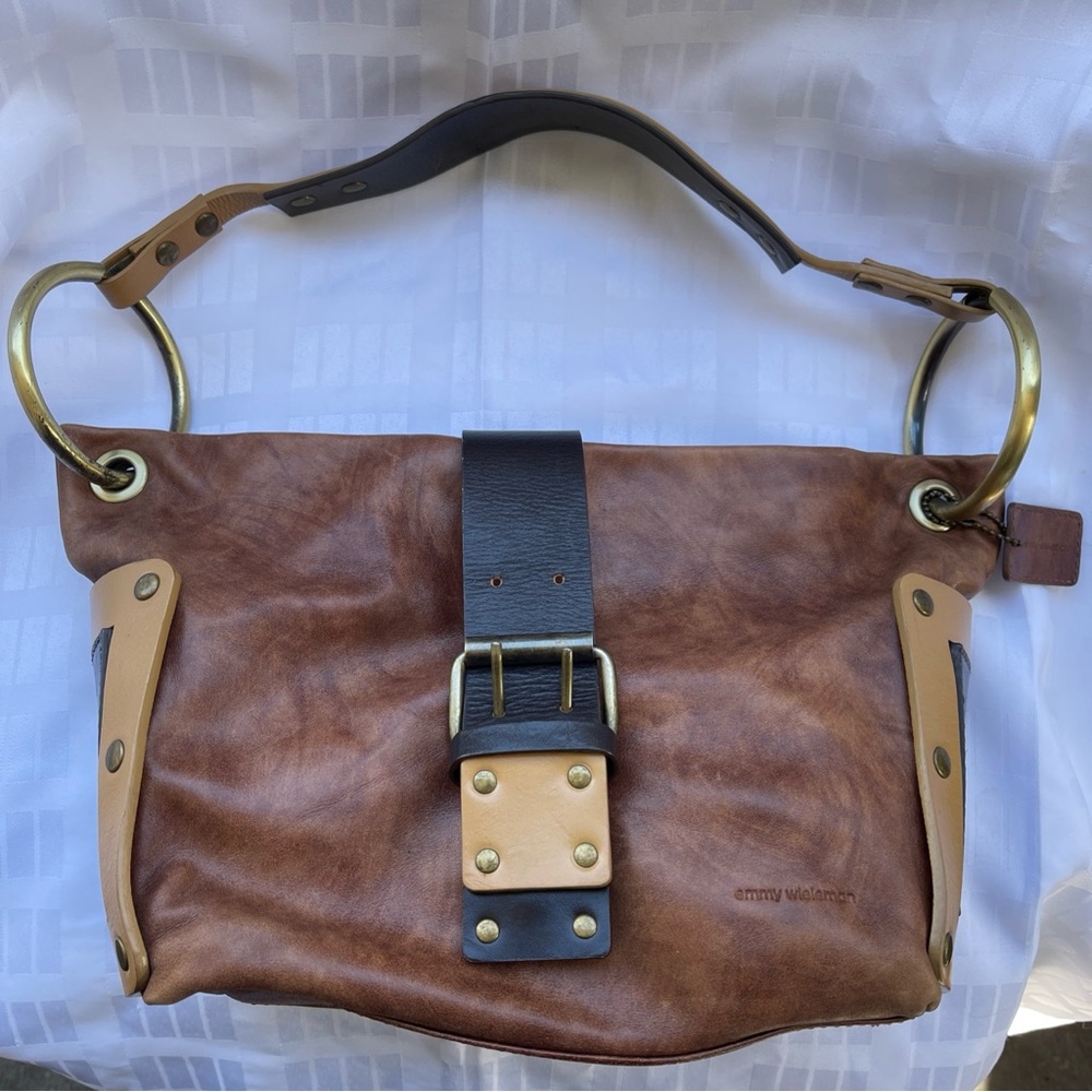 EMMY WIELEMAN Brown Leather Shoulder Bag with Gold Accented Hardware.